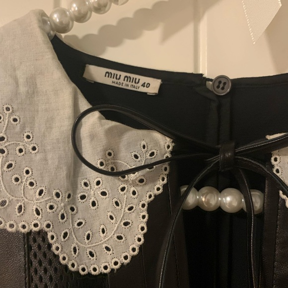 MIU MIU EMBELLISHED LEATHER DETAILED COLLAR MINI DRESS - Picture 2 of 7